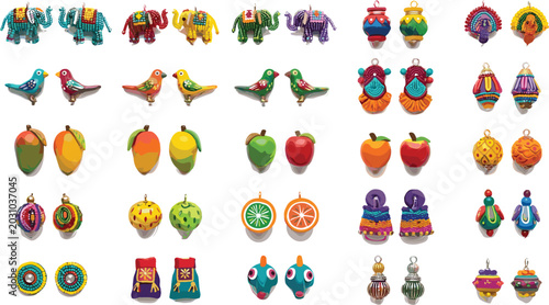 Schilderij op canvas Large grid collection of colorful handmade traditional Indian clay charms includ