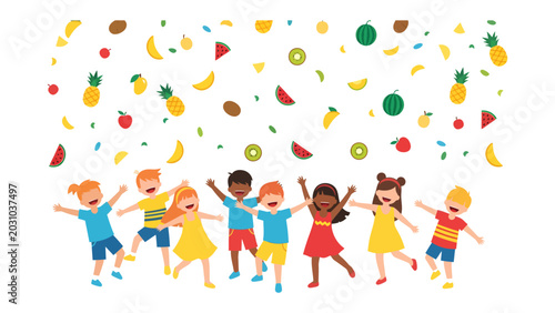 Tableau sur toile Joyful Kids Showered with Fruit: A vibrant illustration of diverse children celebrating under a cascade of colorful, stylized fruit icons