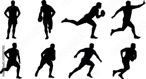 Картината върху платно Collection of eight athletic male rugby players in silhouette form in various dy