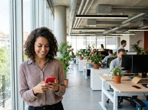 Smiling woman looking at smartphone in modern office