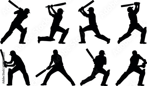 Fotografia Collection of eight dynamic black silhouette figures of cricket batsmen in vario