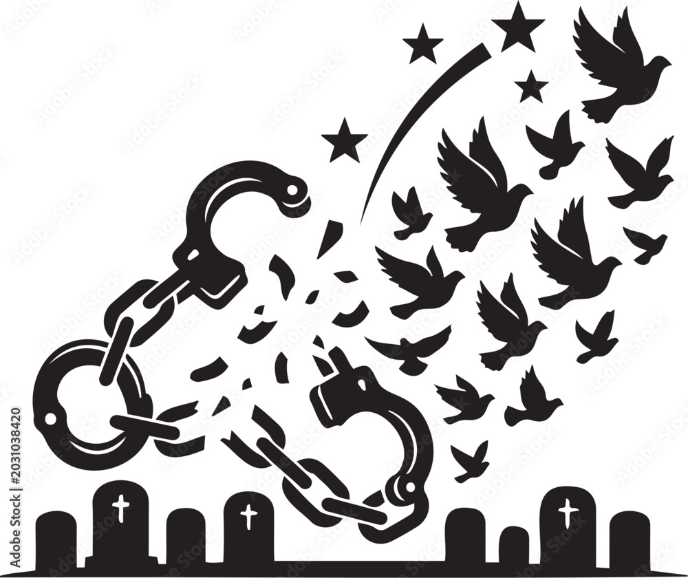 Fototapeta premium Broken handcuffs with soaring birds flying away above a graveyard representing the concept of freedom after death or liberation