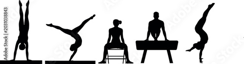 Tableau sur toile Diverse group of gymnasts performing various artistic moves and poses on apparat