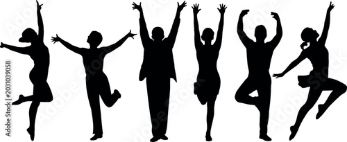 Diverse group of six people silhouetted in dynamic dance and celebration poses against a white background