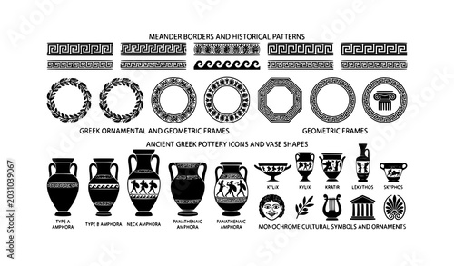 Bild auf Leinwand Ancient Greek amphora silhouettes with classical ornamental frame vector collect