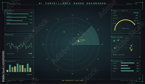 AI Surveillance Radar Dashboard Vector. Sci-Fi HUD Interface UI