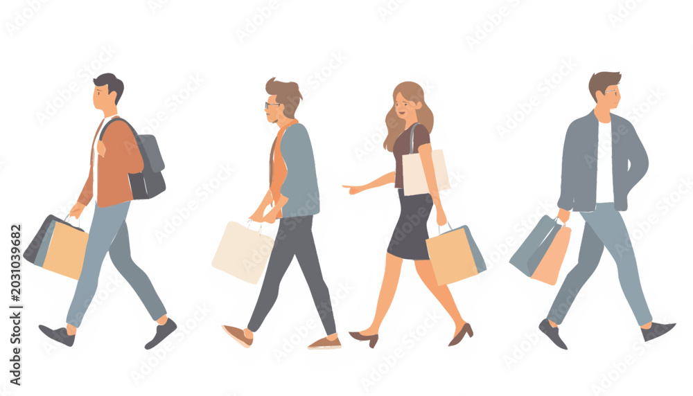 Fototapeta premium Shopping People Collection with Men and Women Carrying Shopping Bags Flat Vector Illustration Set