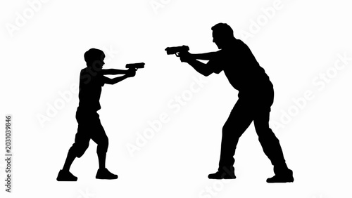 Photos Silhouette of two people pointing guns, black silhouette figures, gunfight scene