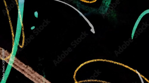 Abstract doodle drawing with old film scratches and vintage 80s 90s retro noise overlay on black background.