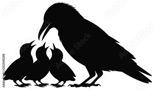 Quadro su tela Bird feeding chicks silhouette