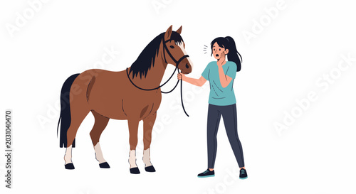 A startled person holds a horse's reins, looking surprised