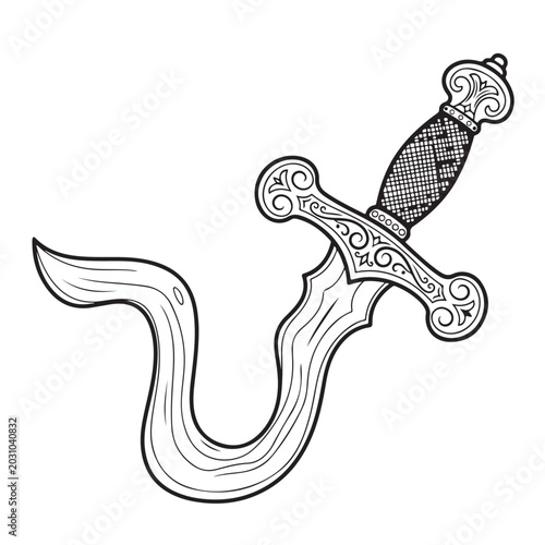 Bild auf Leinwand Ornate curved dagger vector illustration with wavy blade and decorative hilt for