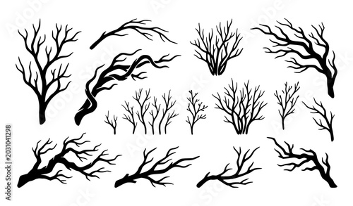 Tableau sur toile Black Dry Branch Silhouette Collection with Leafless Botanical Tree Vector Art