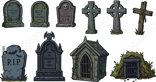 Εκτύπωση καμβά Collection of spooky Halloween tombstones headstones celtic crosses stone crypt
