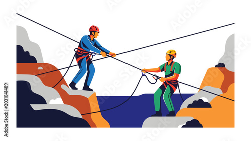 Schilderij op canvas Teamwork in Extremes: Two climbers in safety gear carefully navigate a treacherous rocky landscape, supporting each other across a steep descent using ropes and harnesses