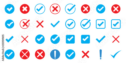 Εκτύπωση καμβά Right and wrong vector icon set rounded color black outline, flat rounded check mark, cross, x mark, circle shape thin line tick mark symbol