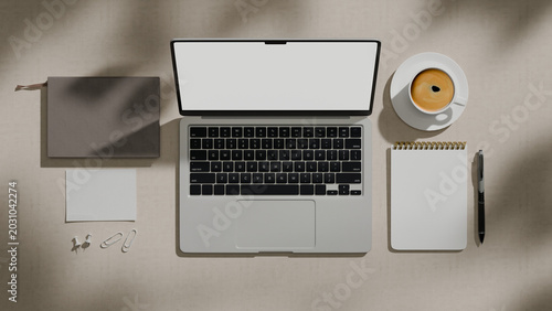 3D Three-Dimensional Illustration of Laptop Workspace Flatlay with Coffee, Notebook and Stationery on Beige Desk