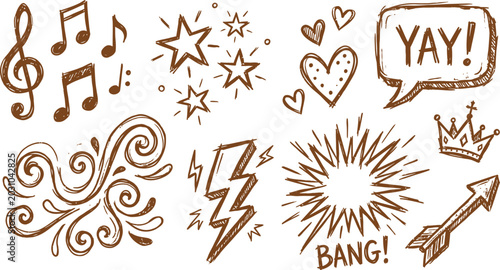 Tableau sur toile Brown doodle icons featuring music notes stars hearts and speech bubbles in a si