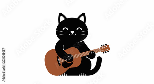 Adorable cartoon black cat playing an acoustic guitar with joy