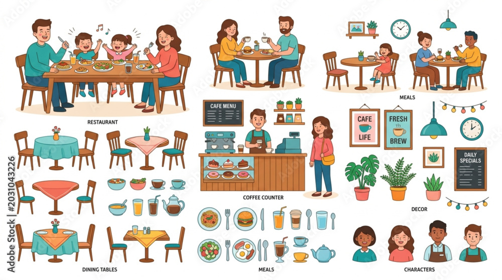 Fototapeta premium Family and friends enjoying meals and drinks at a cozy cafe with illustrated elements