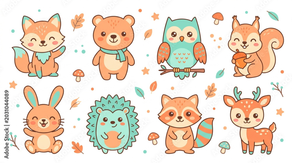 Obraz premium Cute Forest Animals Collection in Flat Cartoon Style Illustration with Pastel Background