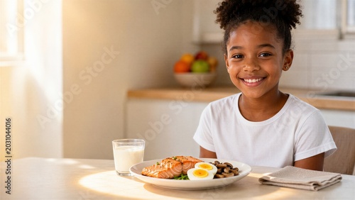 Child Enjoying Healthy Breakfast with Salmon and Egg for Family Wellness