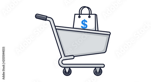 An illustration of a shopping cart with a bag and dollar sign on a white background.