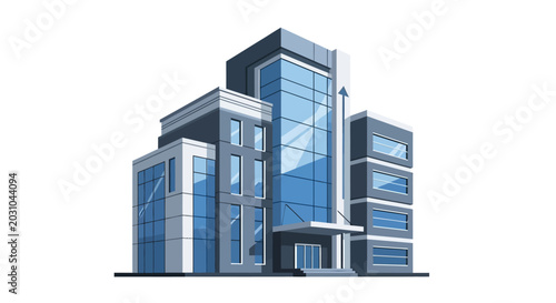 A modern office building stands tall with sleek glass windows and a contemporary design in a city environment.