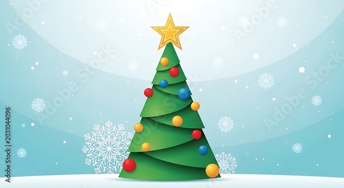 Festive Green Christmas Tree Adorned with Colorful Ornaments and a Shining Star, Surrounded by Snowflakes and a Winter Wonderland Backdrop
