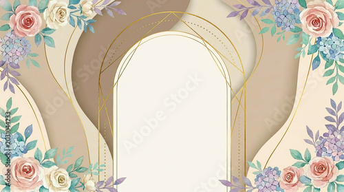 Elegant watercolor floral arch frame for wedding invitation design.