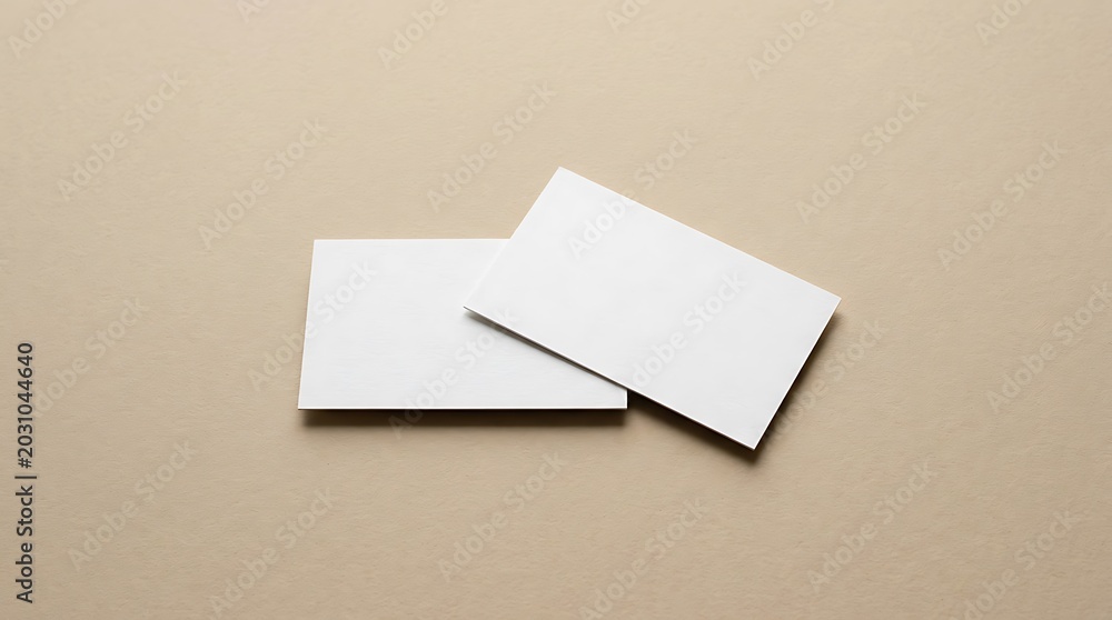 Fototapeta premium Two overlapping clean white rectangular business cards lying diagonally on solid soft beige background for professional branding showcase.