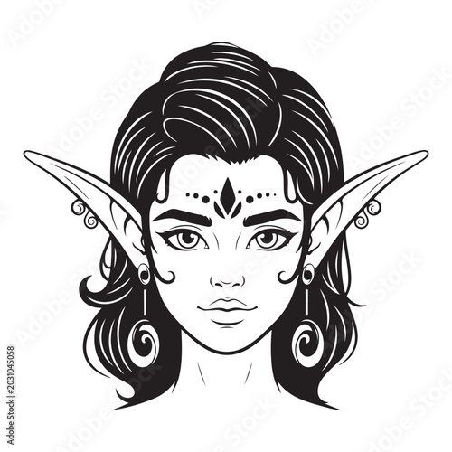 Female elf face vector illustration with pointed ears forehead markings and long hair in black and white line art style