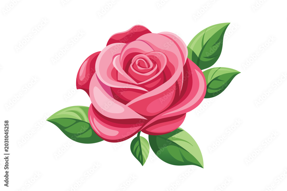 Naklejka premium Minimalist romantic rose blossom icon with green leaves.