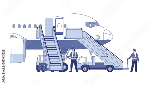 Foto Airport Ground Crew Attending to Airplane: An illustration depicts airport ground staff operating a mobile stair unit beside a commercial airplane, ready for passenger boarding or disembarking