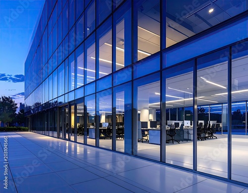 Modern glass office building exterior at dusk with lit interior