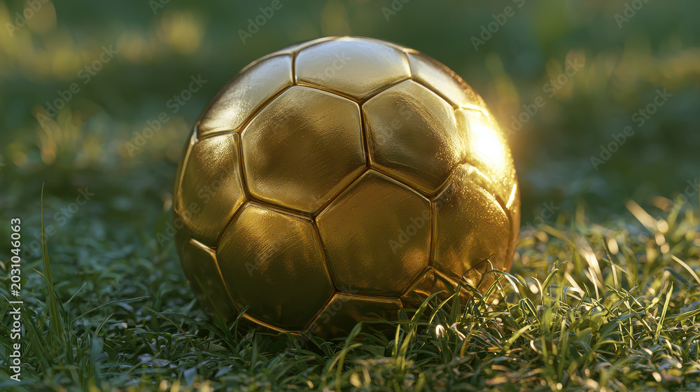 Fototapeta premium Golden soccer ball on lush green grass pitch, symbolizing victory and achievement in sport
