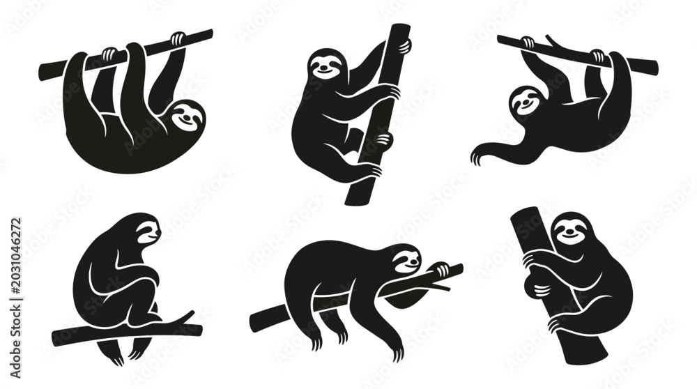 Obraz premium different black sloth silhouettes on a clean white background, minimalist vector style.