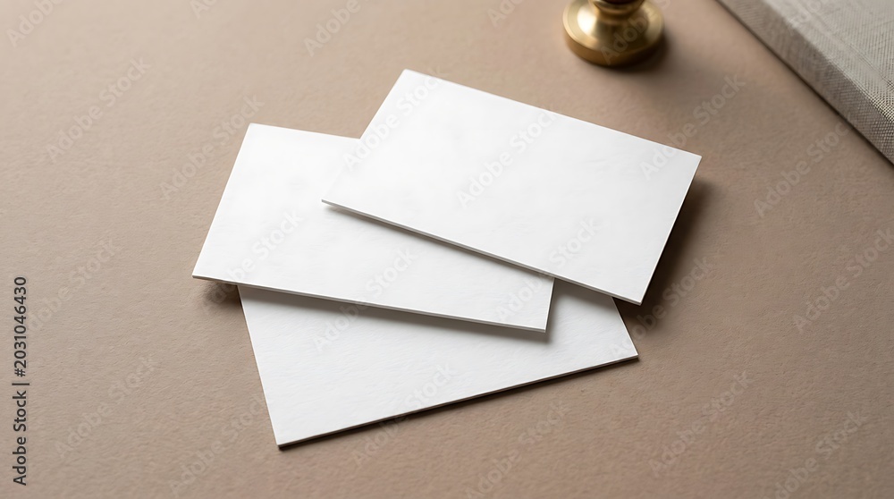 Fototapeta premium Three blank white business cards overlapping on a neutral beige background with subtle office decor elements, professional setting.