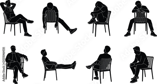 Fotografía Set of detailed black silhouettes featuring a casual young man sitting on a mode