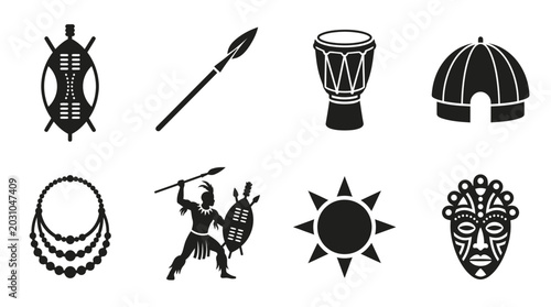 Zulu Heritage Vector Icons Set — Shield, Spear, Drum, Hut, Necklace, Warrior, Sun Symbol, and Tribal Mask Silhouette Vector Illustration Representing African Culture and Tradition