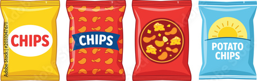 Potato chips bags set, colorful crunchy snacks packaging mockup vector cartoon illustration for food retail