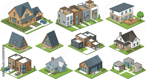 Tableau sur toile Comprehensive 8-bit architectural game asset set featuring suburban homes luxury