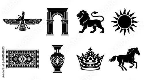 Persian Heritage Vector Icons Set — Faravahar Symbol, Ancient Gate, Lion, Sun, Carpet, Vase, Crown, and Horse Silhouette Vector Illustration Representing Iranian Art and Culture