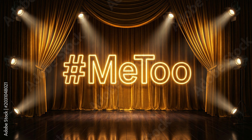 MeToo neon sign on theater stage with spotlight and curtain.