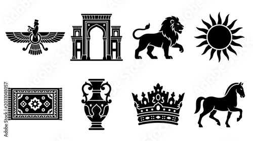Persian Heritage Vector Icons Set — Faravahar Symbol, Ancient Gate, Lion, Sun, Carpet, Vase, Crown, and Horse Silhouette Vector Illustration Representing Iranian Art and Culture