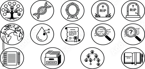 Canvas Print Comprehensive Genealogy and Family History Icon Set Featuring Ancestry Trees, DNA Strands, Gravestones, Archive Folders, Historical Documents, and Research Tools for Digital Records Projects