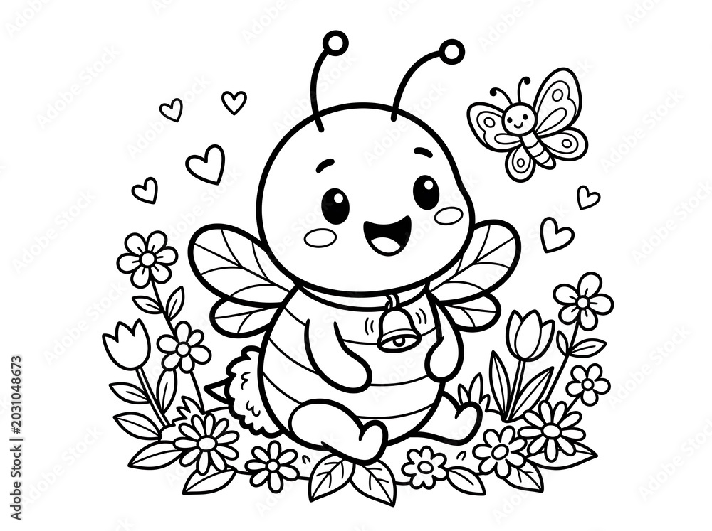 Fototapeta premium Cute cartoon bee sitting among colorful flowers and a butterfly outdoors