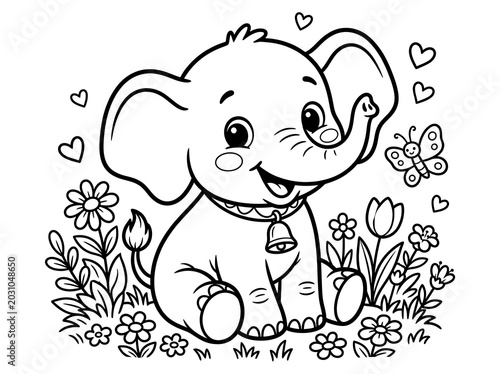 Cute cartoon elephant sitting in flowers with butterfly and hearts around  happy animal