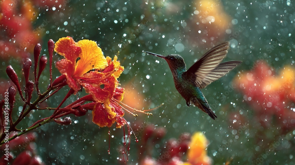 Fototapeta premium Vibrant Hummingbird Hovering Beside Tropical Flower