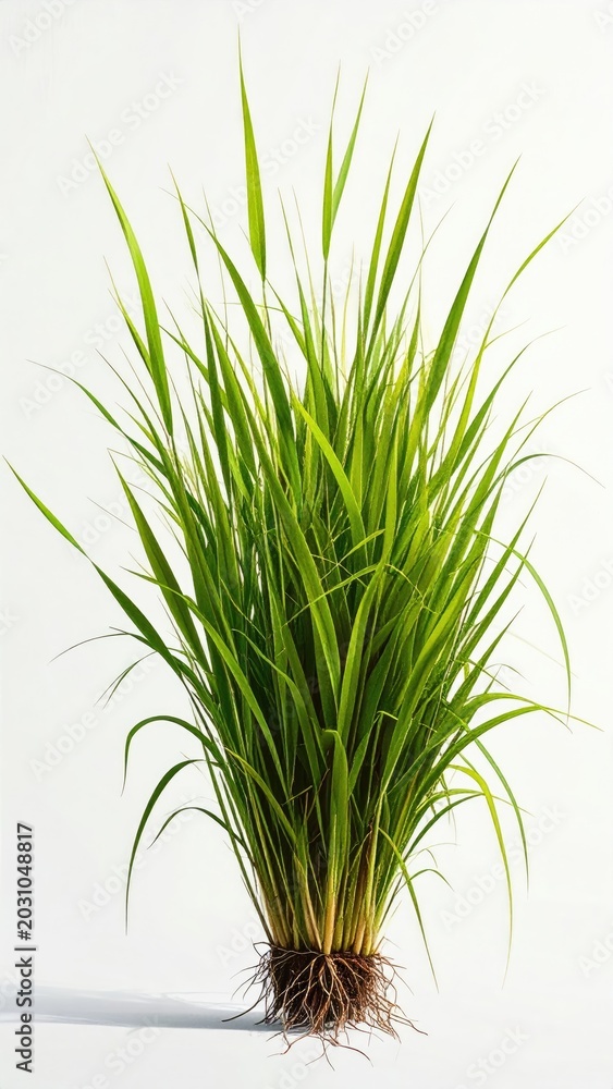 Obraz premium Lush green grass with prominent roots on a white background